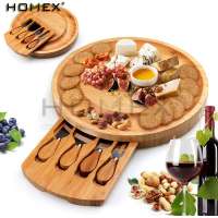 Premium Bamboo Cheese Board Set with Slide-Out Cutlery Drawer and 4 Knife Set, Round Charcuterie Board/Homex_FSC/BSCI Factory