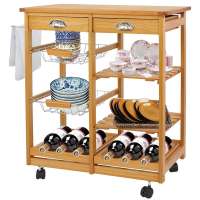 Multi-Purpose Wood Rolling Kitchen Island Trolley w/Drawer Shelves Basket