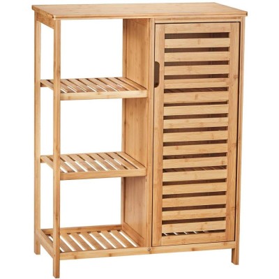 Bathroom Storage Cabinets with Doors and 3 Side Shelves, Bamboo Floor Cabinet Utility Storage Shelves for Living Room, Bedroom,